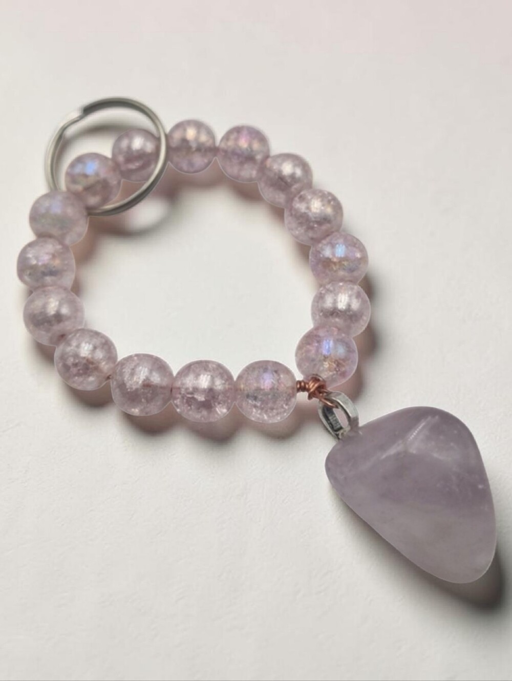 Pink Beaded Keychain with Amethyst Stone Charm Handmade Bag Accessory